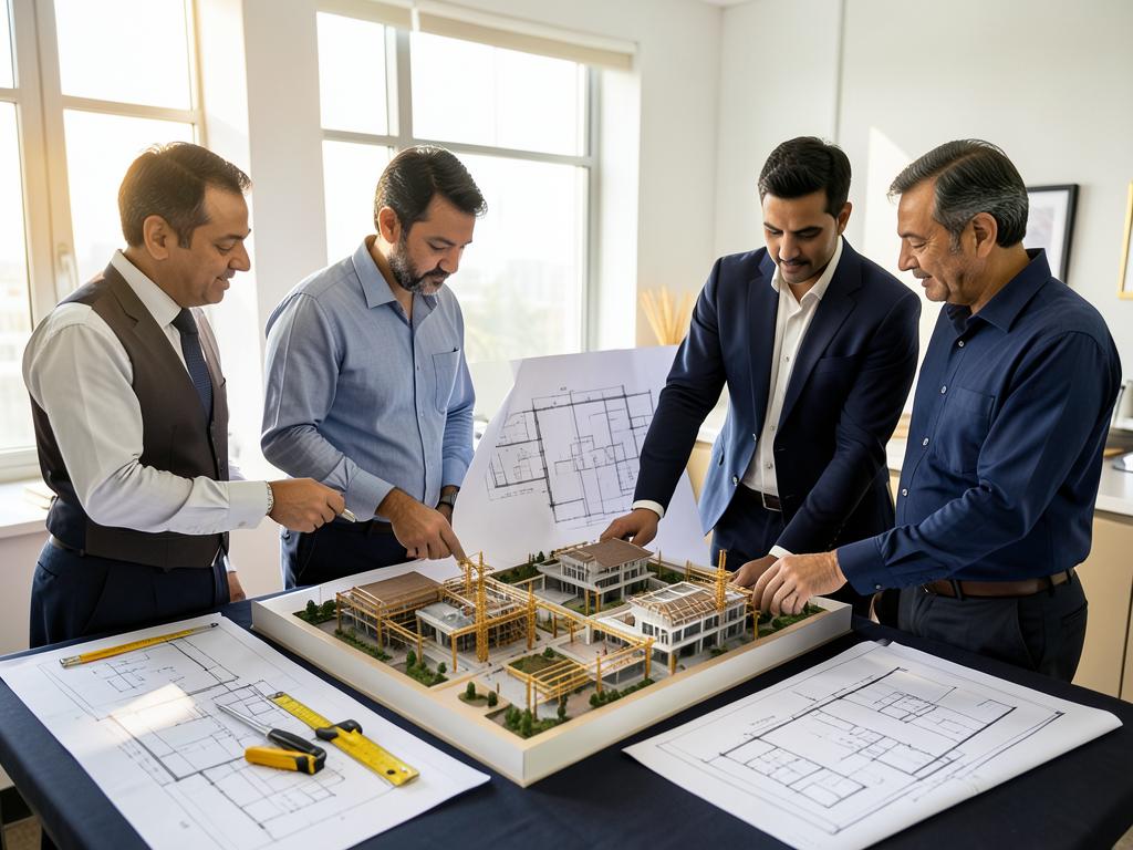Architects reviewing construction plans and a building model