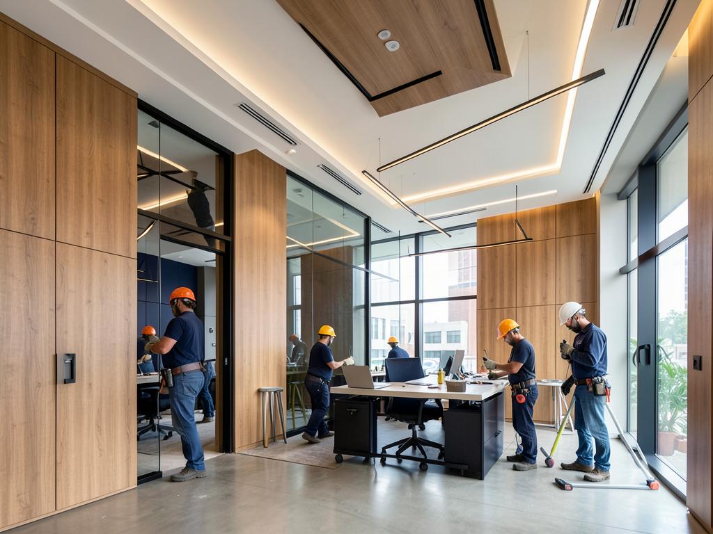 Craftspeople completing a modern office interior fit-out