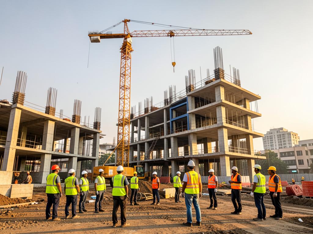 Construction team working on a modern concrete building