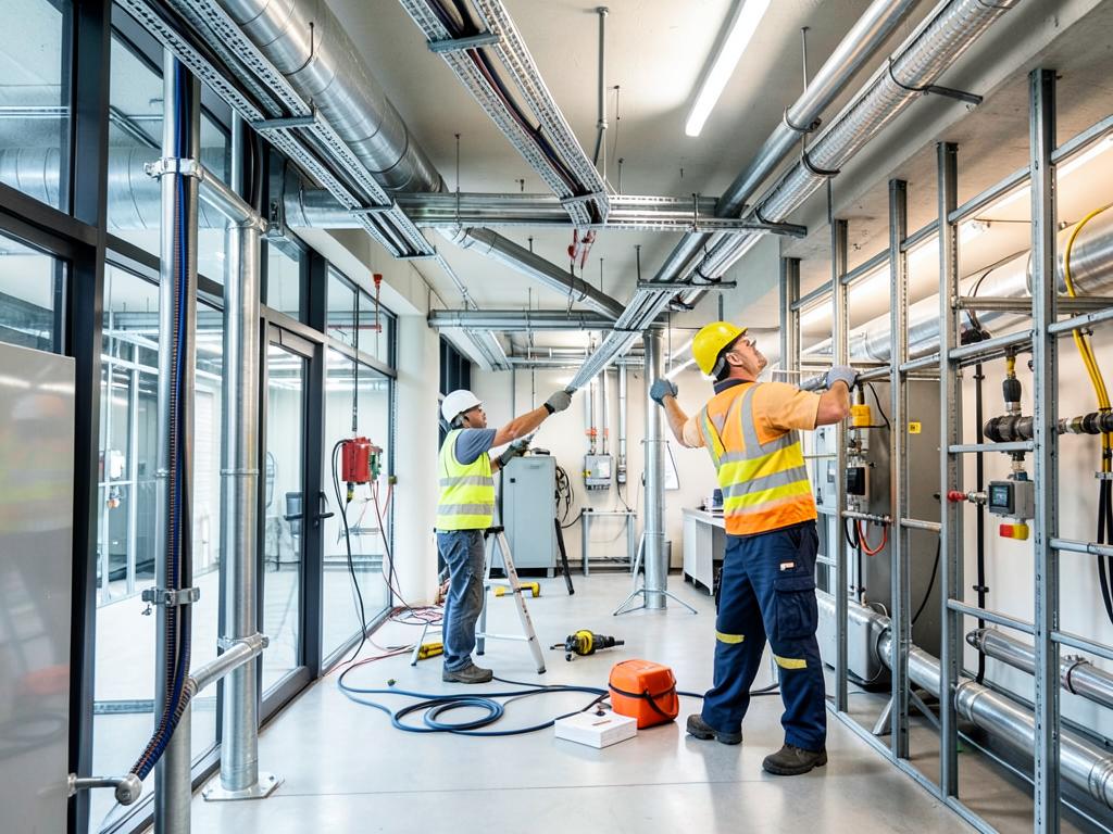 Technicians installing mechanical, electrical, and plumbing systems