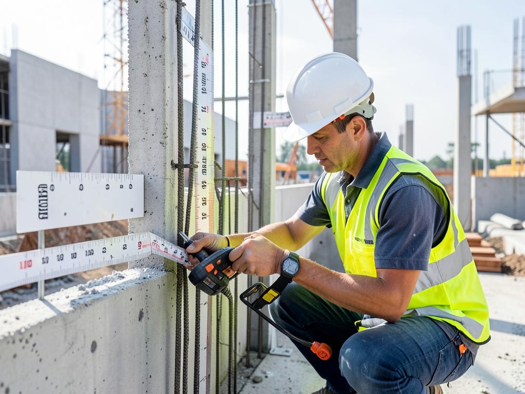Safety inspector measuring a reinforced concrete structure